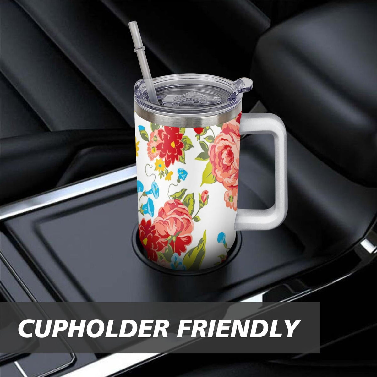 40 Oz Tumbler with Handle Lid and Straw Wildflower Stainless Steel Travel Mug Double