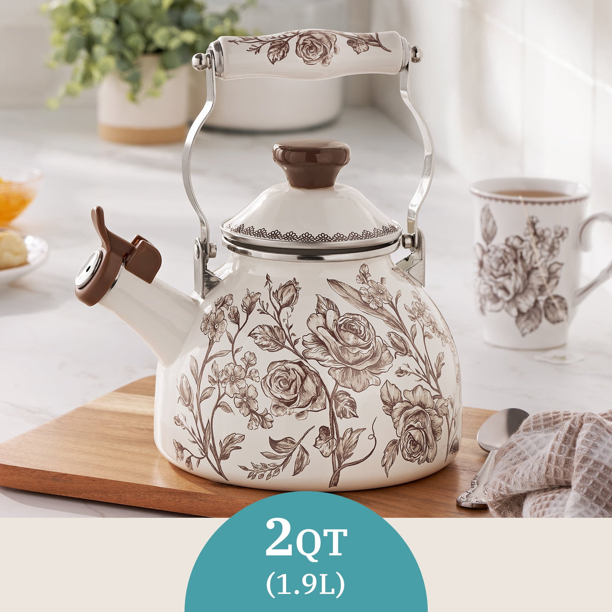2.0-Quart Enamel on Steel Agatha Tea Kettle, Brown