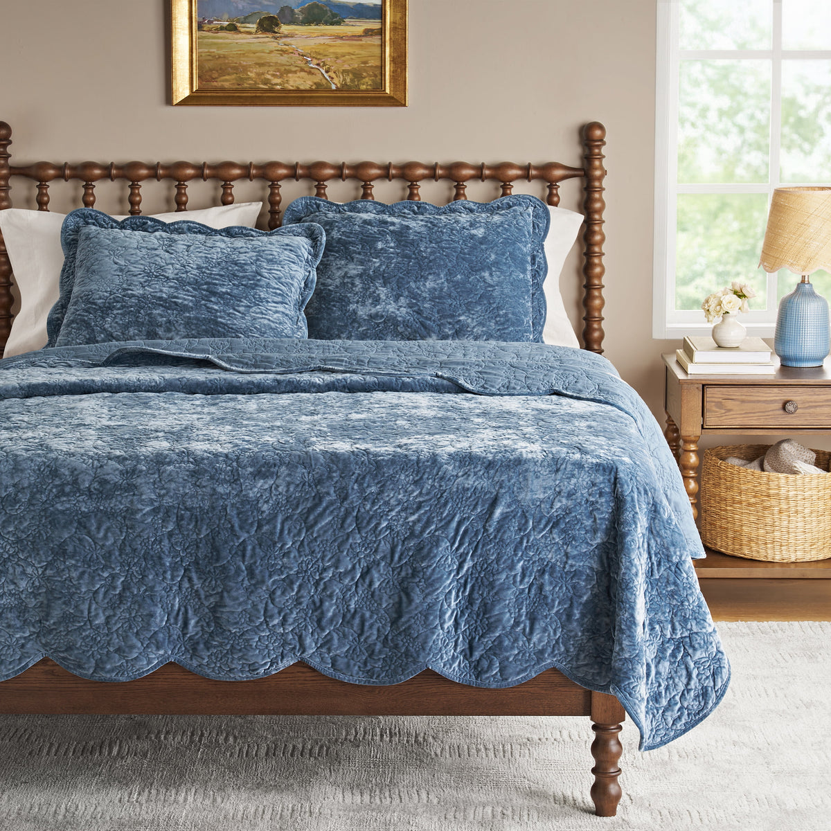 Eloise Floral Velvet Quilt, Full/Queen, Blue Dust Bedding