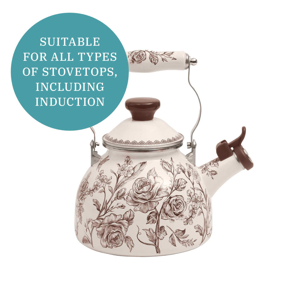 2.0-Quart Enamel on Steel Agatha Tea Kettle, Brown