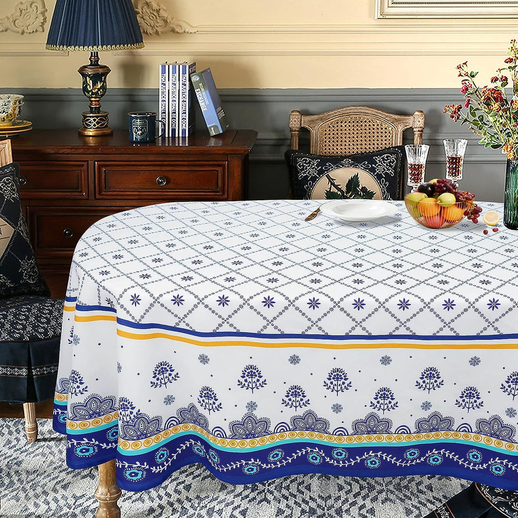 Polish Pottery Style Tablecloth, Blue Ceramic Table Cloth, Farmhouse Tablecover for Oval Tables 60 x 84