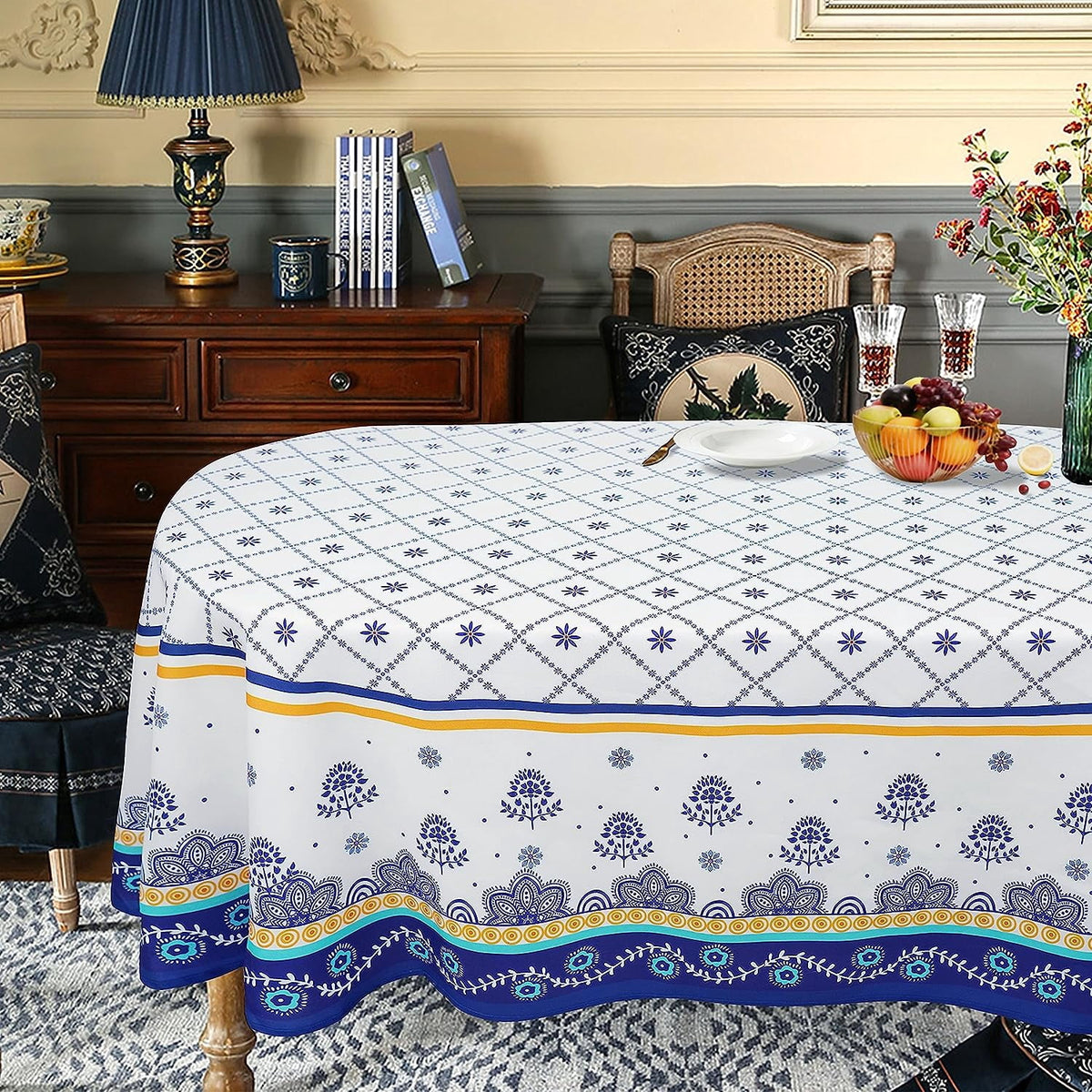 Polish Pottery Style Tablecloth, Blue Ceramic Table Cloth, Farmhouse Tablecover for Oval Tables 60 x 84