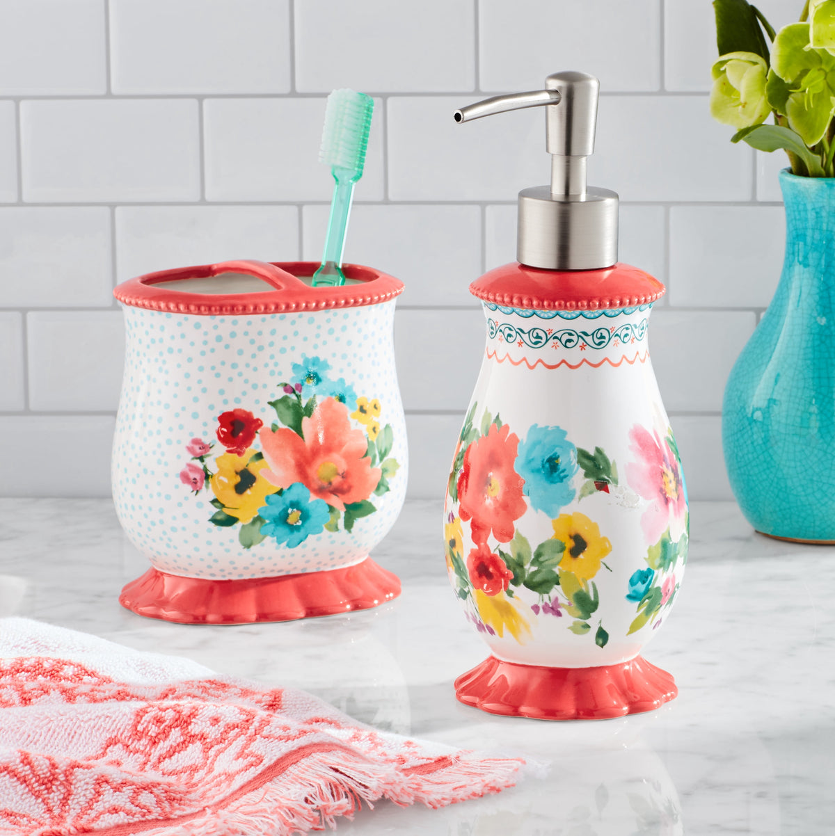 Multicolor 2 Piece Ceramic Bath Accessories Set, The Pioneer Woman Breezy Blossom