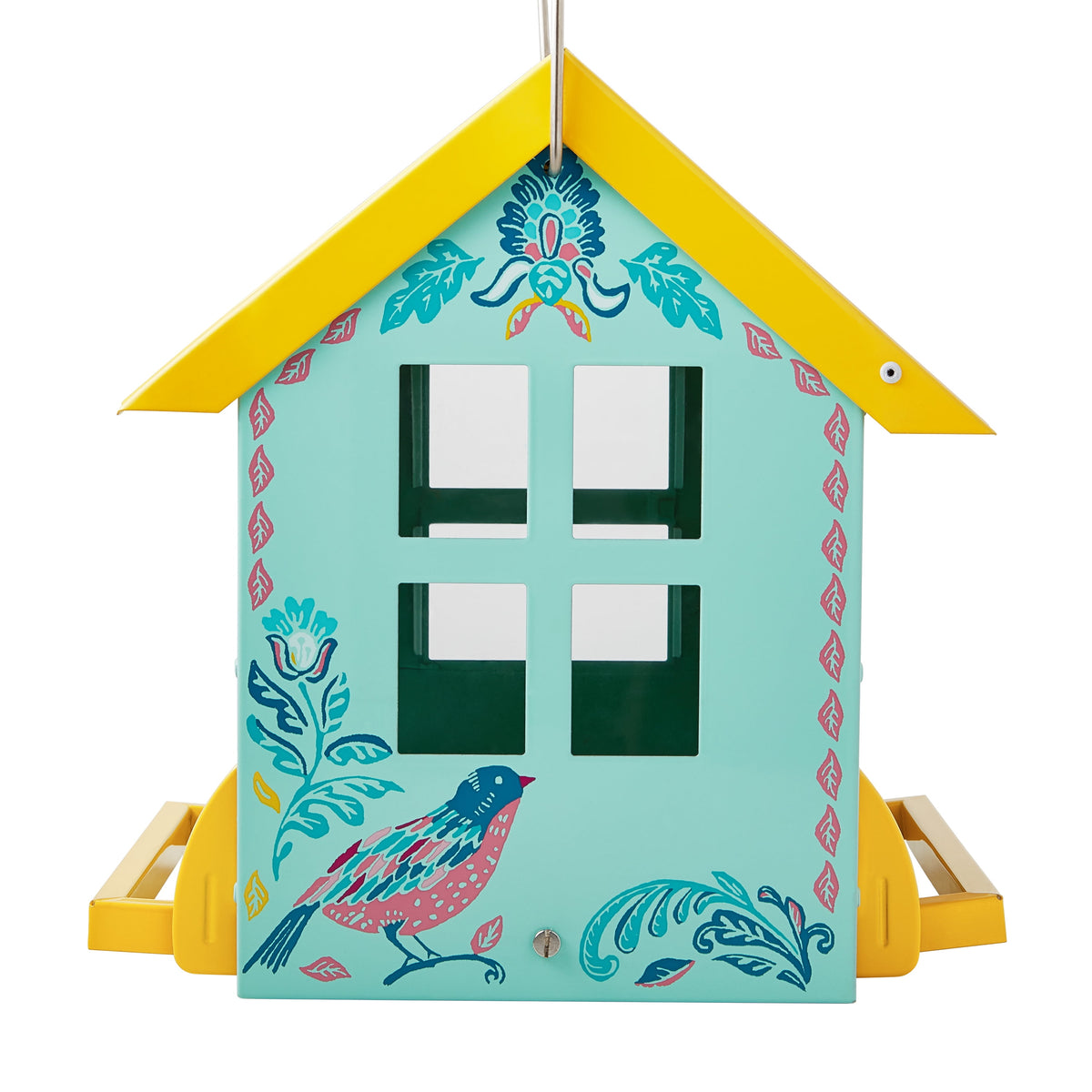 Bird Ogee Metal Squirrel Proof Hopper Bird Feeder 5.5QT, Teal Yellow