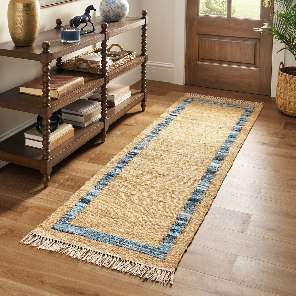 Denim Jute Runner Rug, Natural with Blue Border, 30 x 96 Inches