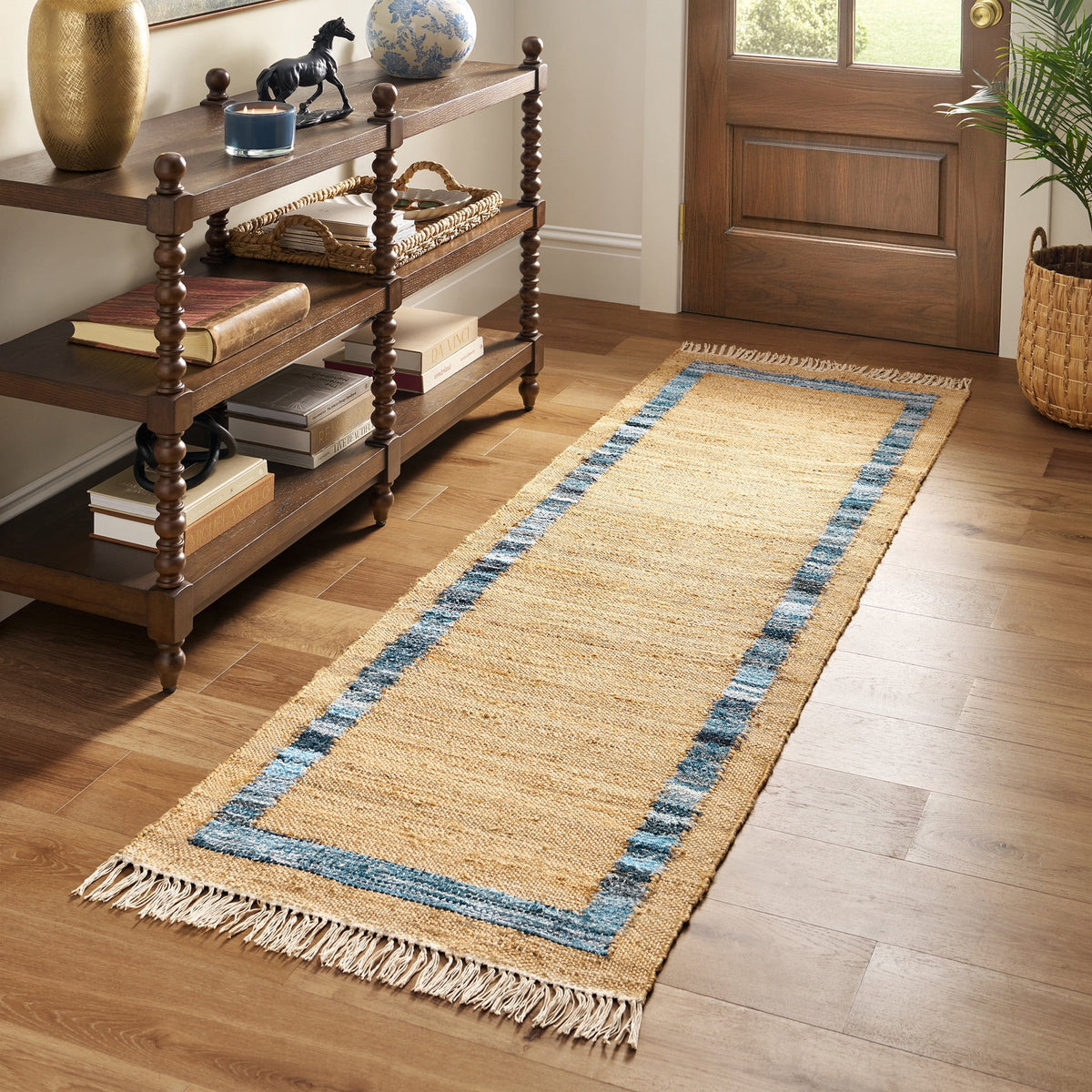 Denim Jute Runner Rug, Natural with Blue Border, 30 x 96 Inches