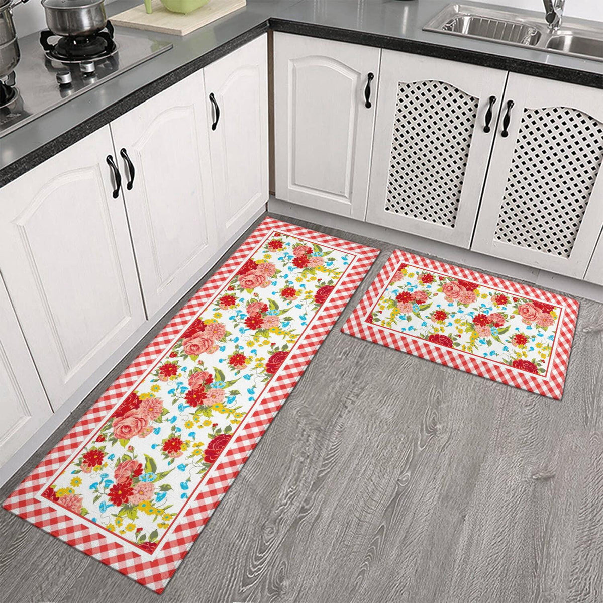 Flower Kitchen Mat 2-Piece Set Farmhouse Anti-Fatigue Water-Resistant Stain-Resistant Non-Slip Floor Mat