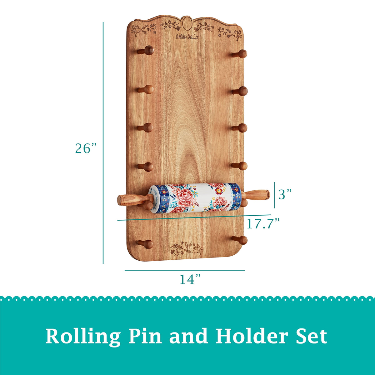 Keepsake Floral 17.7" Ceramic Rolling Pin with Acacia Wood Holder