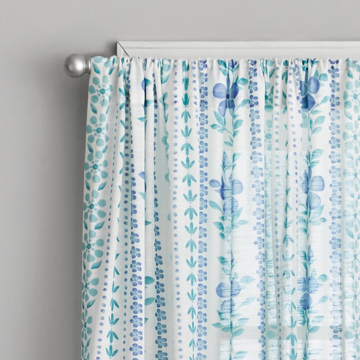 Hattie Stripe 2 Pack Curtain Panel, BCI Cotton, Floral, Blue, RodPocket, 40" W