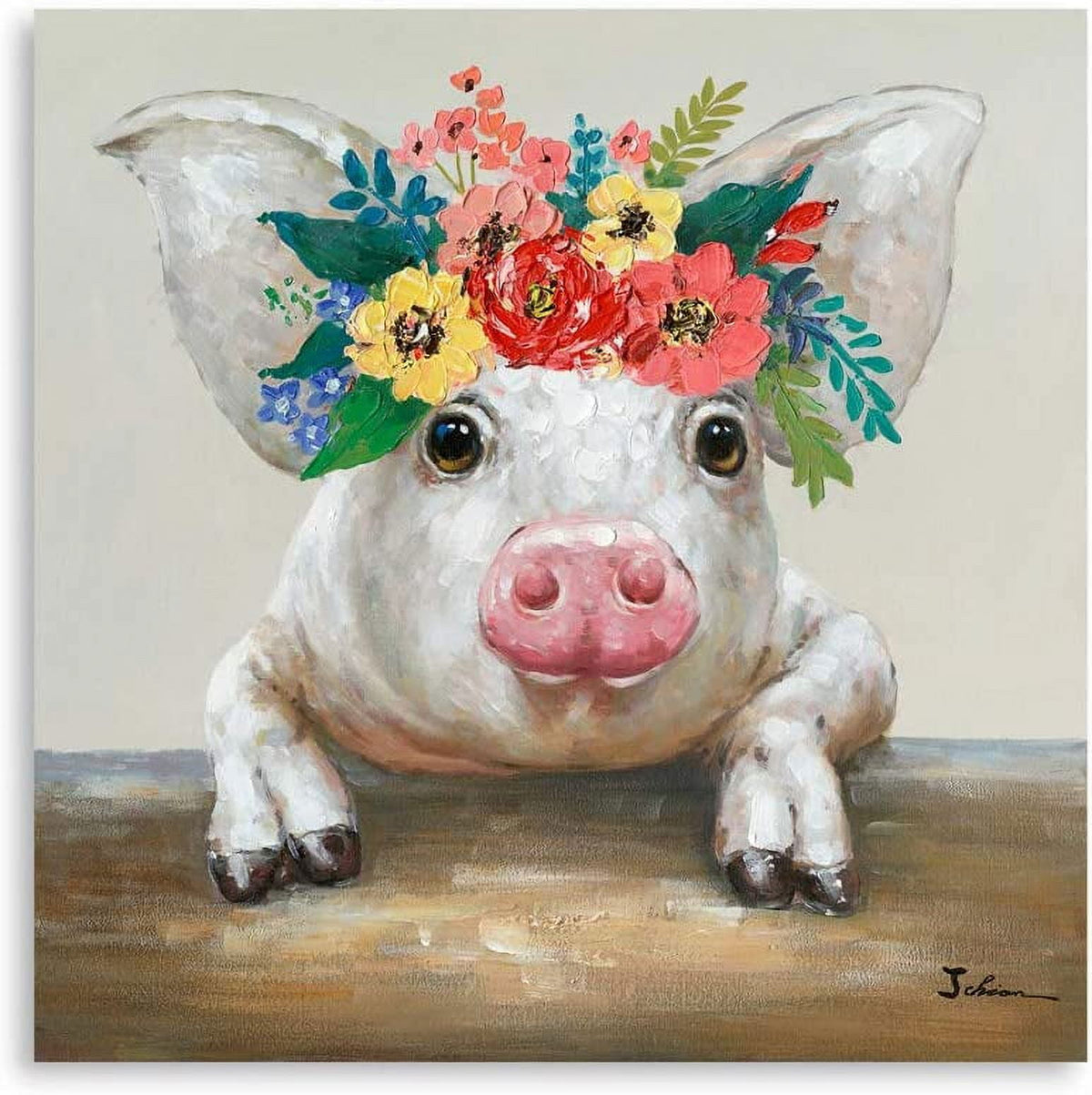 Pig Canvas Picture Wall Art: Rustic Pig Floral Crown Wall Decor Farm Animal Wall Art