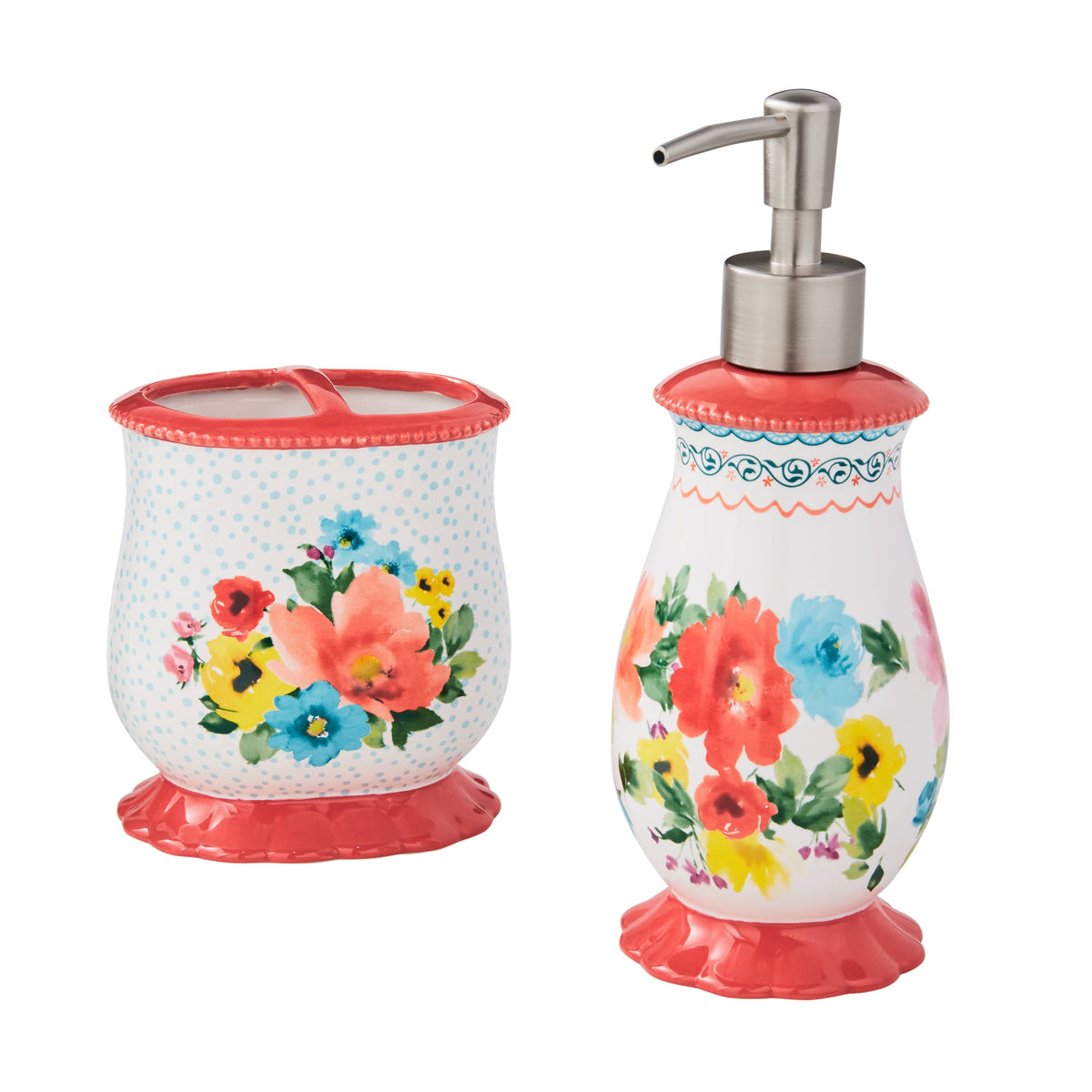 Multicolor 2 Piece Ceramic Bath Accessories Set, The Pioneer Woman Breezy Blossom