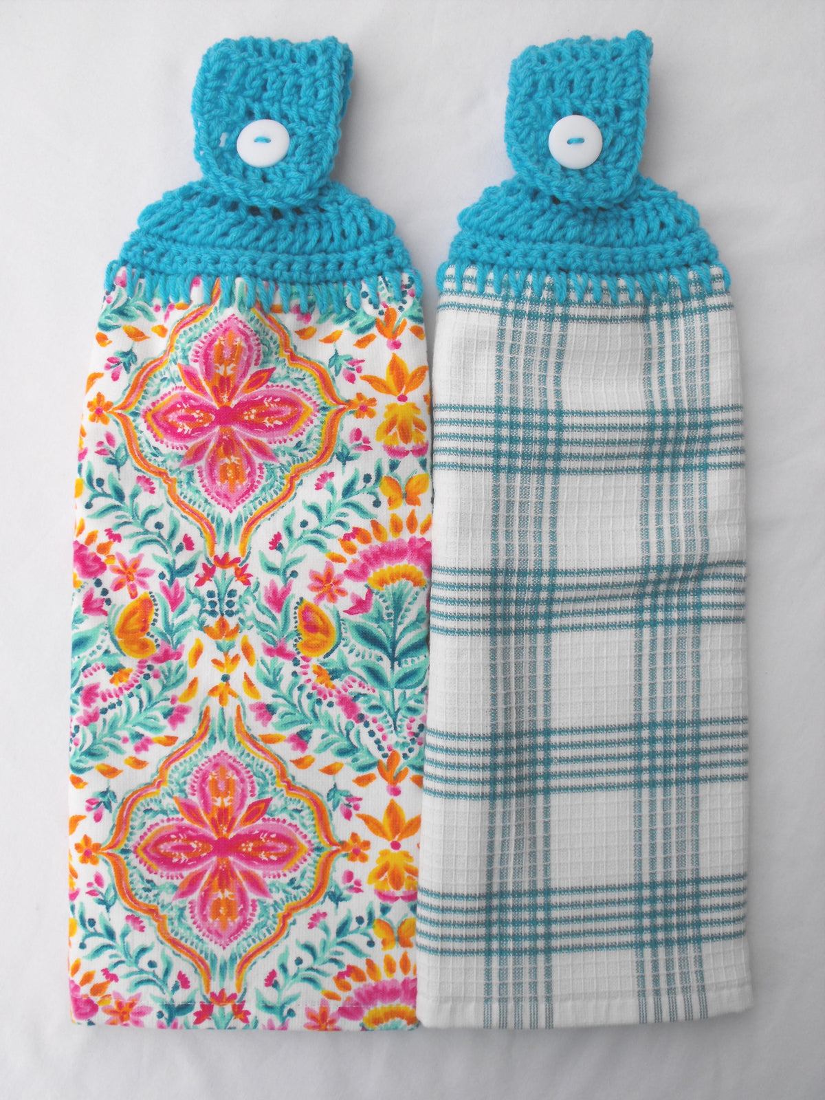 2 Handmade Crochet-Top Hanging Kitchen Towels - Turquoise