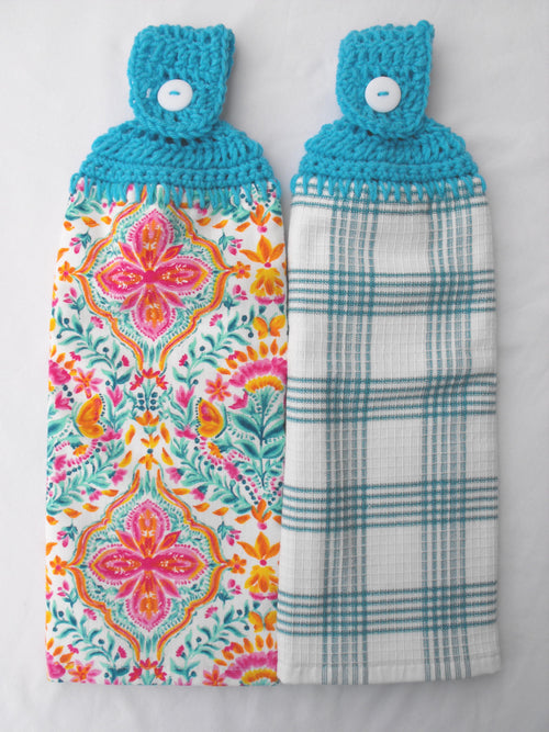 2 Handmade Crochet-Top Hanging Kitchen Towels - Turquoise