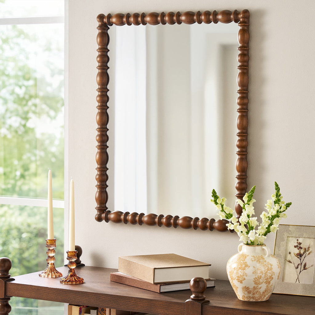 Harper Spindle Wood Decorative Wall Mirror, Beaded Turned Wood Mirror, Rustic Brown 24x30