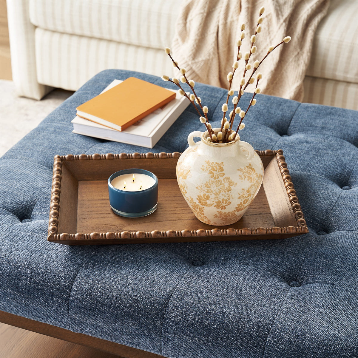 Harper Rustic Brown Decorative Tray with Beaded Rim, 18.7 x 12.4 inches