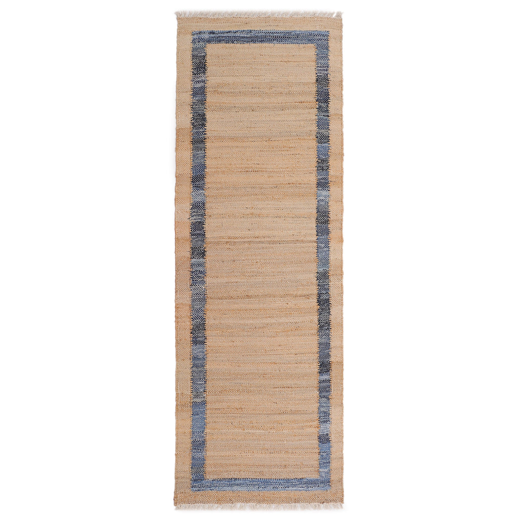 Denim Jute Runner Rug, Natural with Blue Border, 30 x 96 Inches