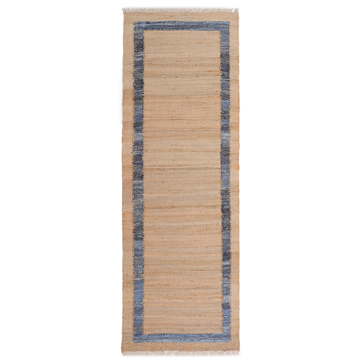 Denim Jute Runner Rug, Natural with Blue Border, 30 x 96 Inches