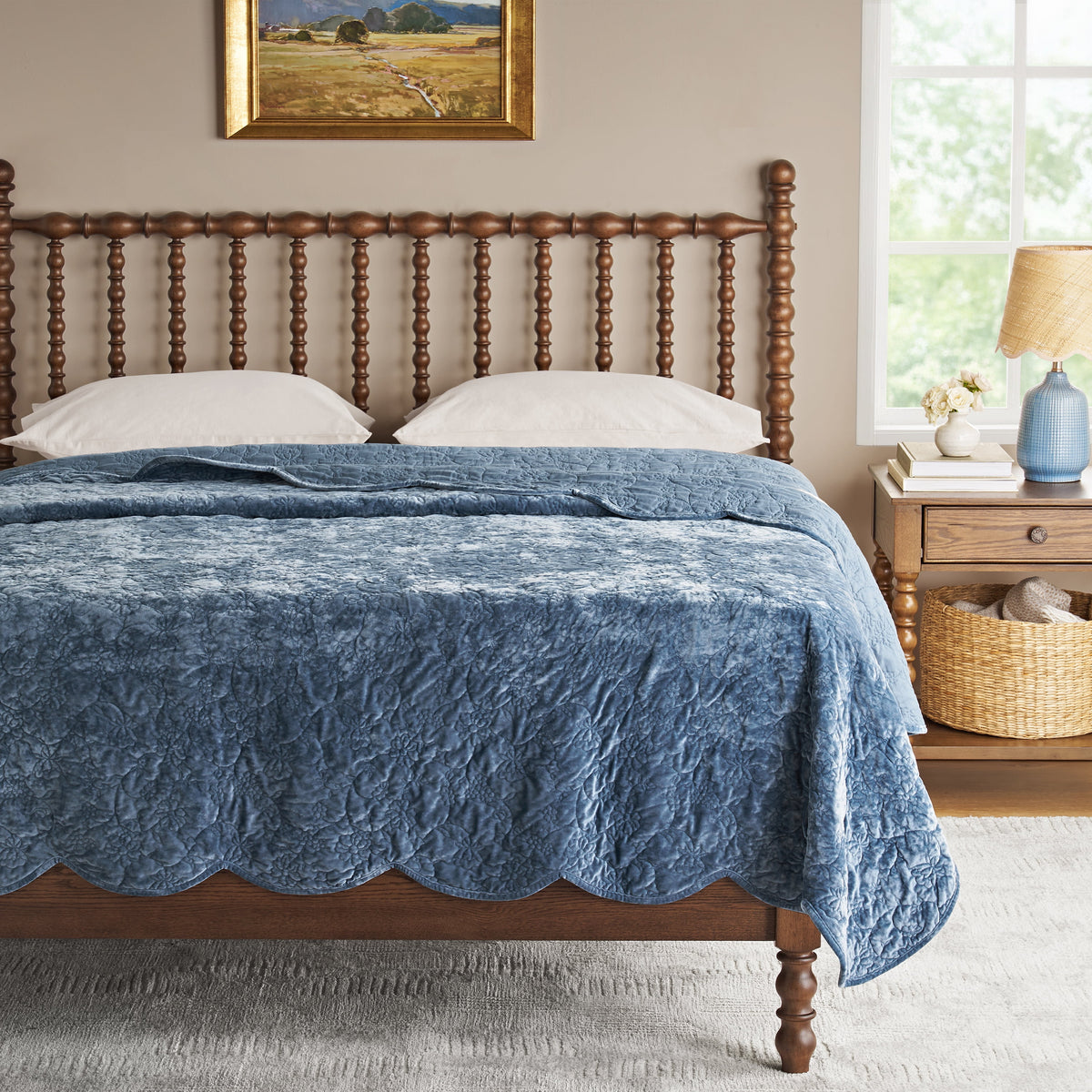 Eloise Floral Velvet Quilt, Full/Queen, Blue Dust Bedding