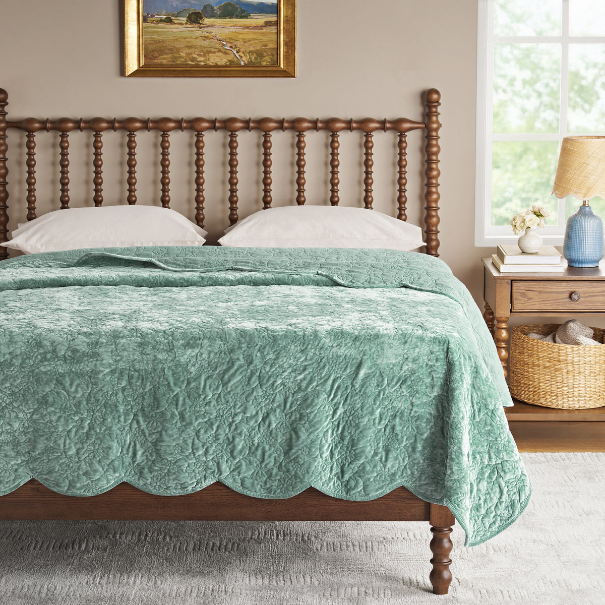 Piooner Decor Eloise Floral Velvet Quilt, Full/Queen, Blue Dust Bedding