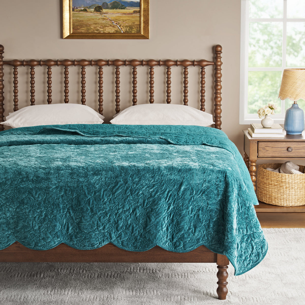 Piooner Decor Eloise Floral Velvet Quilt, Full/Queen, Blue Dust Bedding