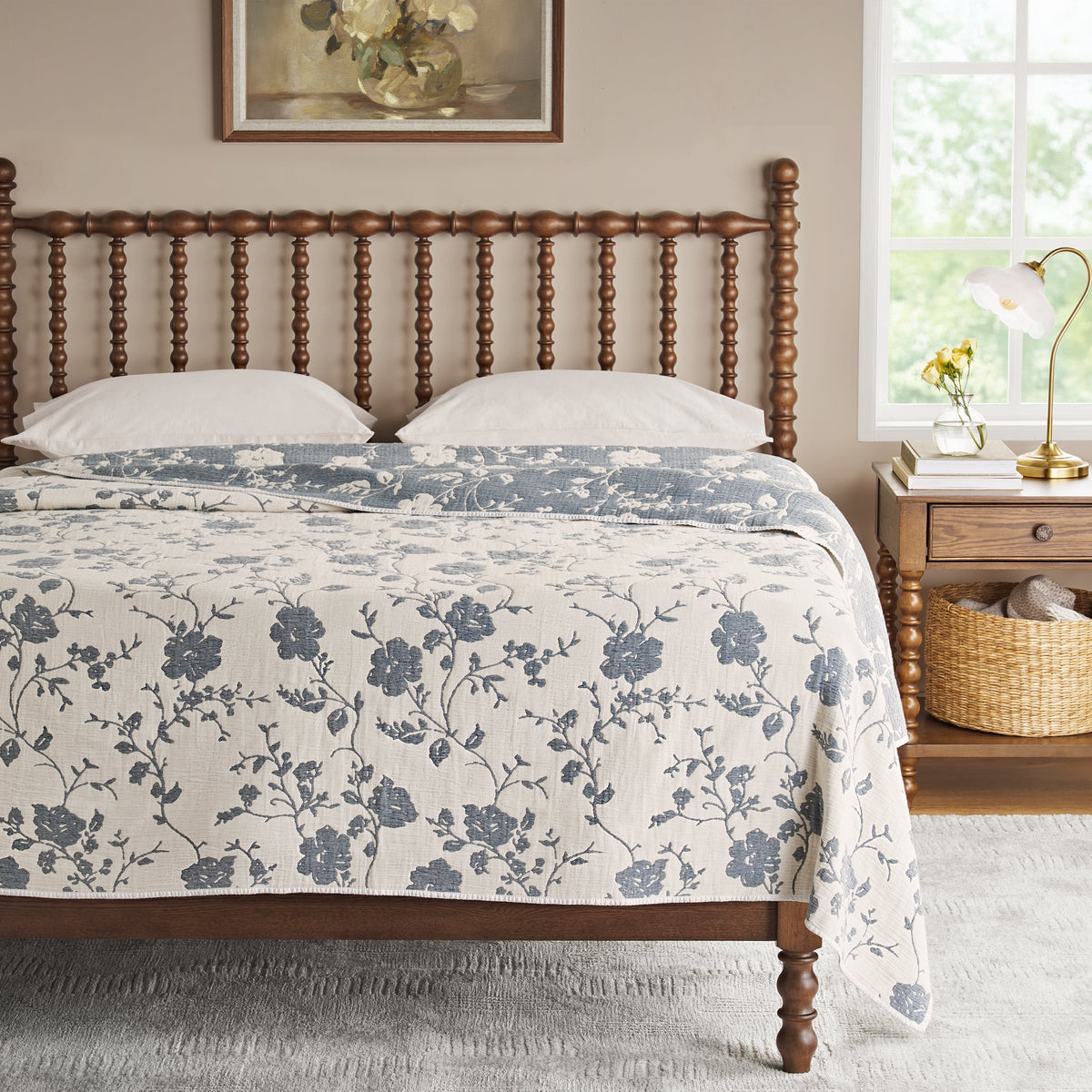 Agatha Floral Gauze Quilt, Full/Queen, Blue Dust, Reversible Bedding