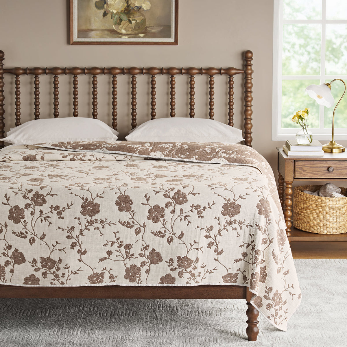 Piooner Decor Agatha Floral Gauze Quilt, Full/Queen, Blue Dust, Reversible Bedding