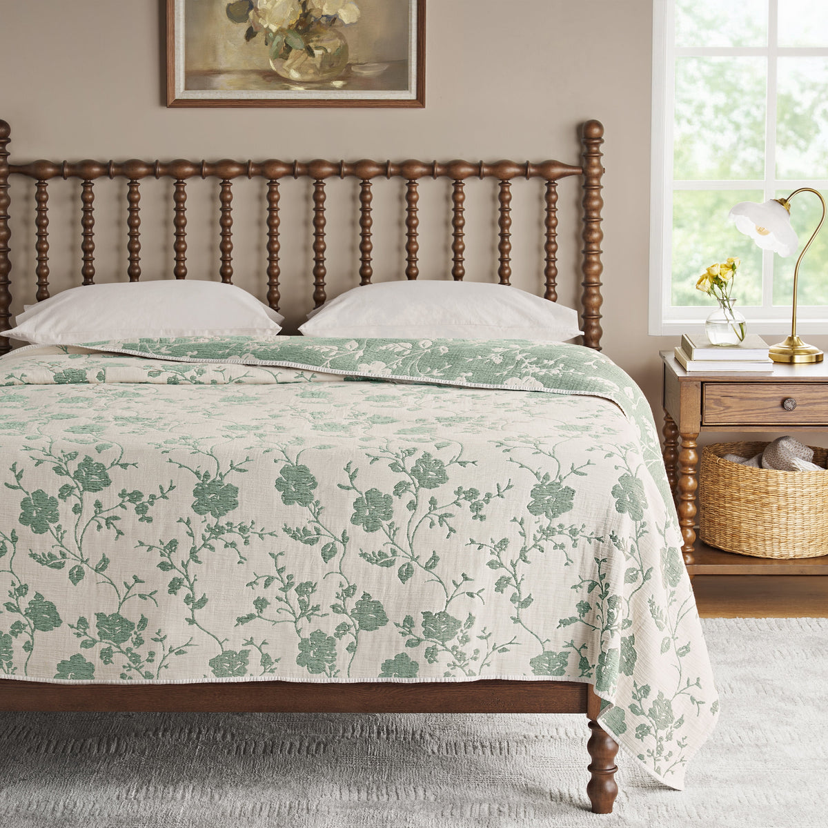 Piooner Decor Agatha Floral Gauze Quilt, Full/Queen, Blue Dust, Reversible Bedding