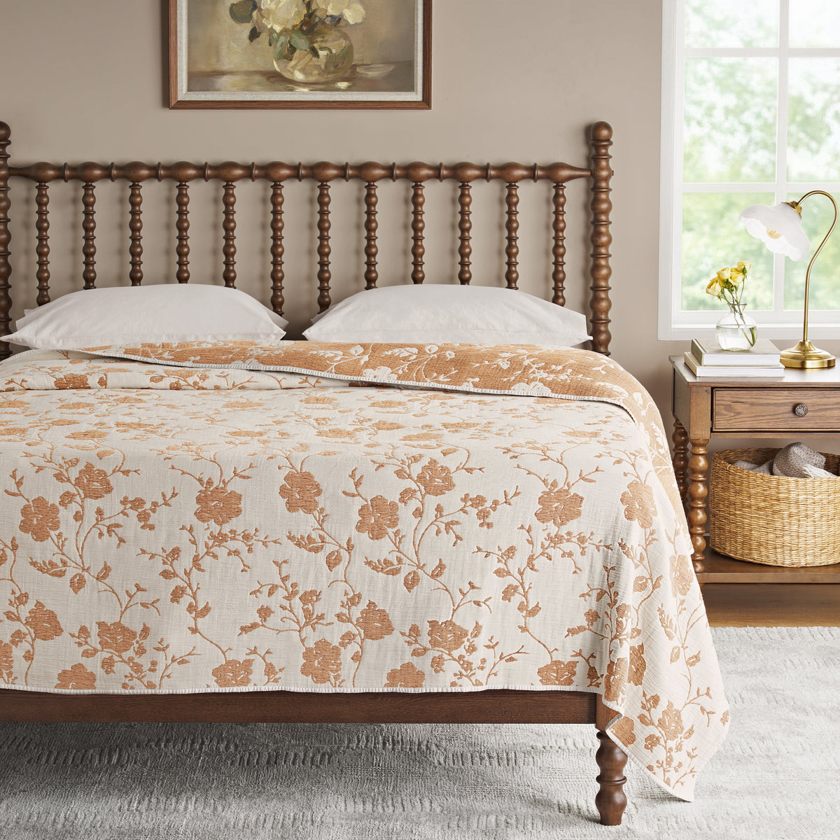 Piooner Decor Agatha Floral Gauze Quilt, Full/Queen, Blue Dust, Reversible Bedding