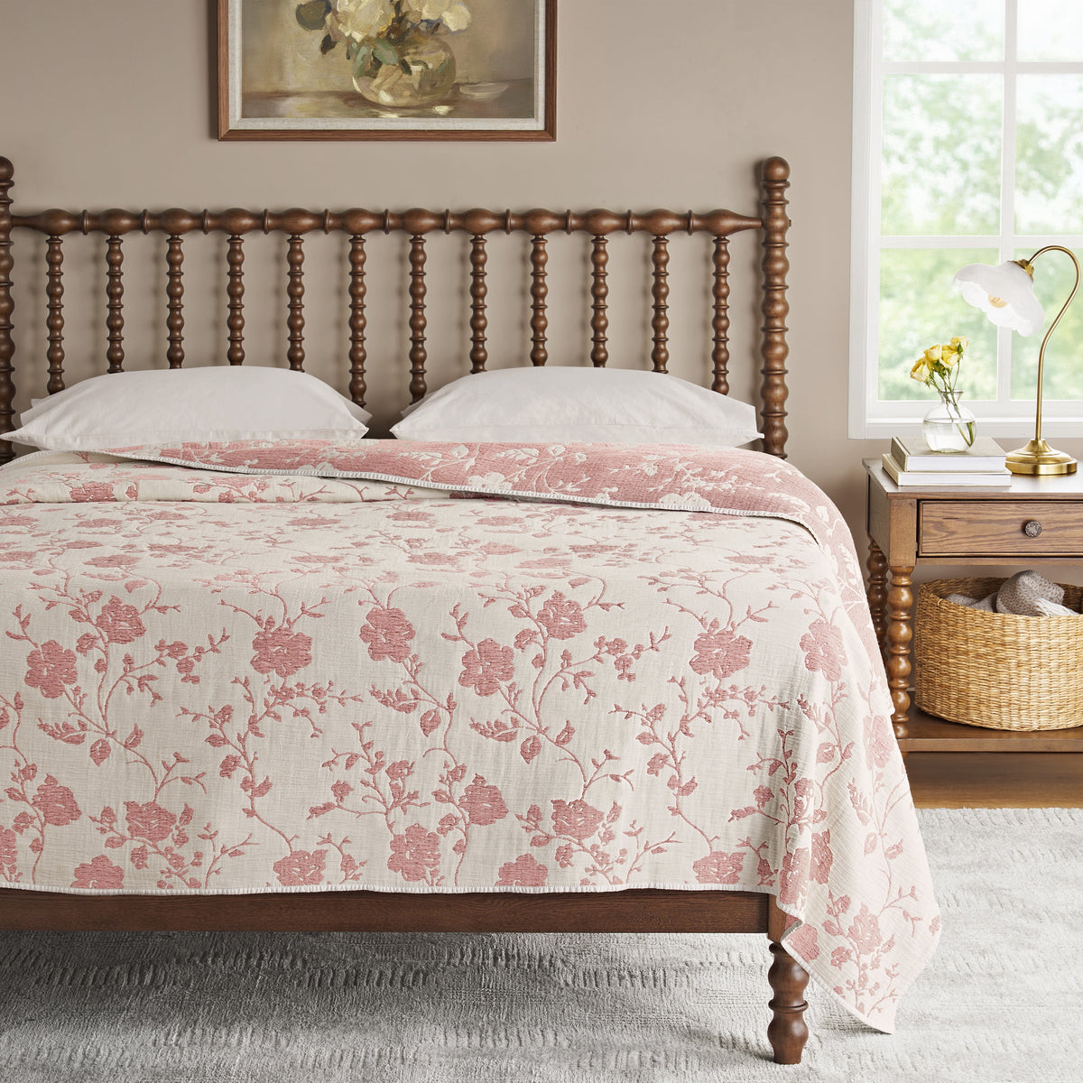 Piooner Decor Agatha Floral Gauze Quilt, Full/Queen, Blue Dust, Reversible Bedding