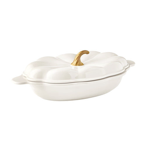 3-Quart Oval Pumpkin Stoneware Baker with Lid, Linen