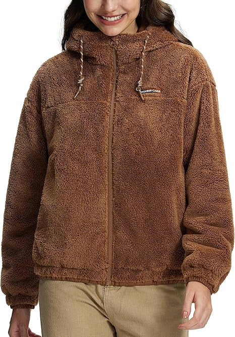 Piooner Decor Women's Fuzzy Fleece Jacket Lightweight Full-Zip Sherpa Jacket with Hood Warm Soft