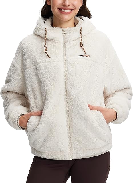 Piooner Decor Women's Fuzzy Fleece Jacket Lightweight Full-Zip Sherpa Jacket with Hood Warm Soft