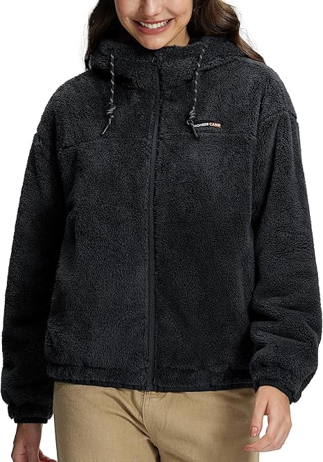 Women's Fuzzy Fleece Jacket Lightweight Full-Zip Sherpa Jacket with Hood Warm Soft