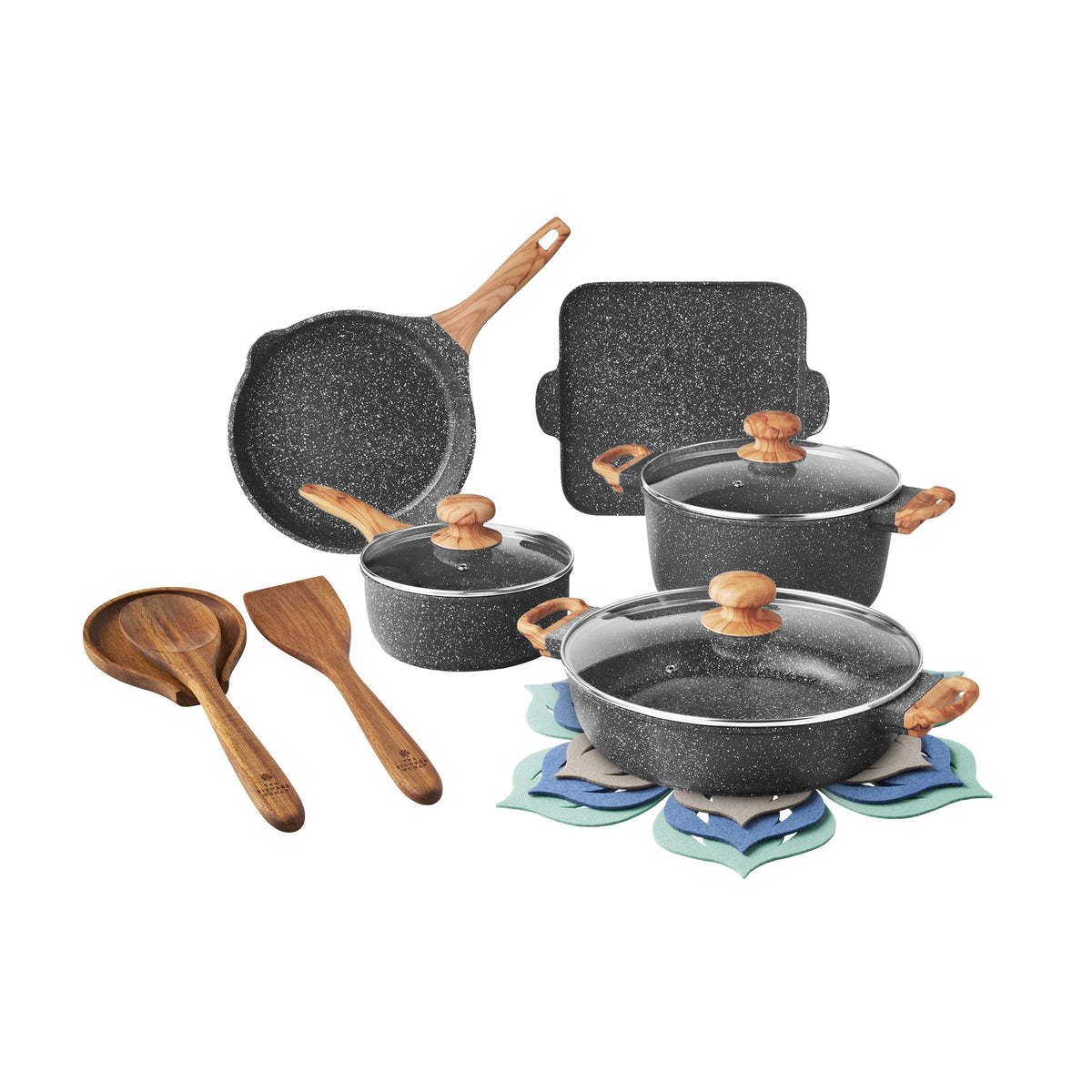 Prairie Signature 14-Piece Cast Aluminum Cookware Set, Charcoal