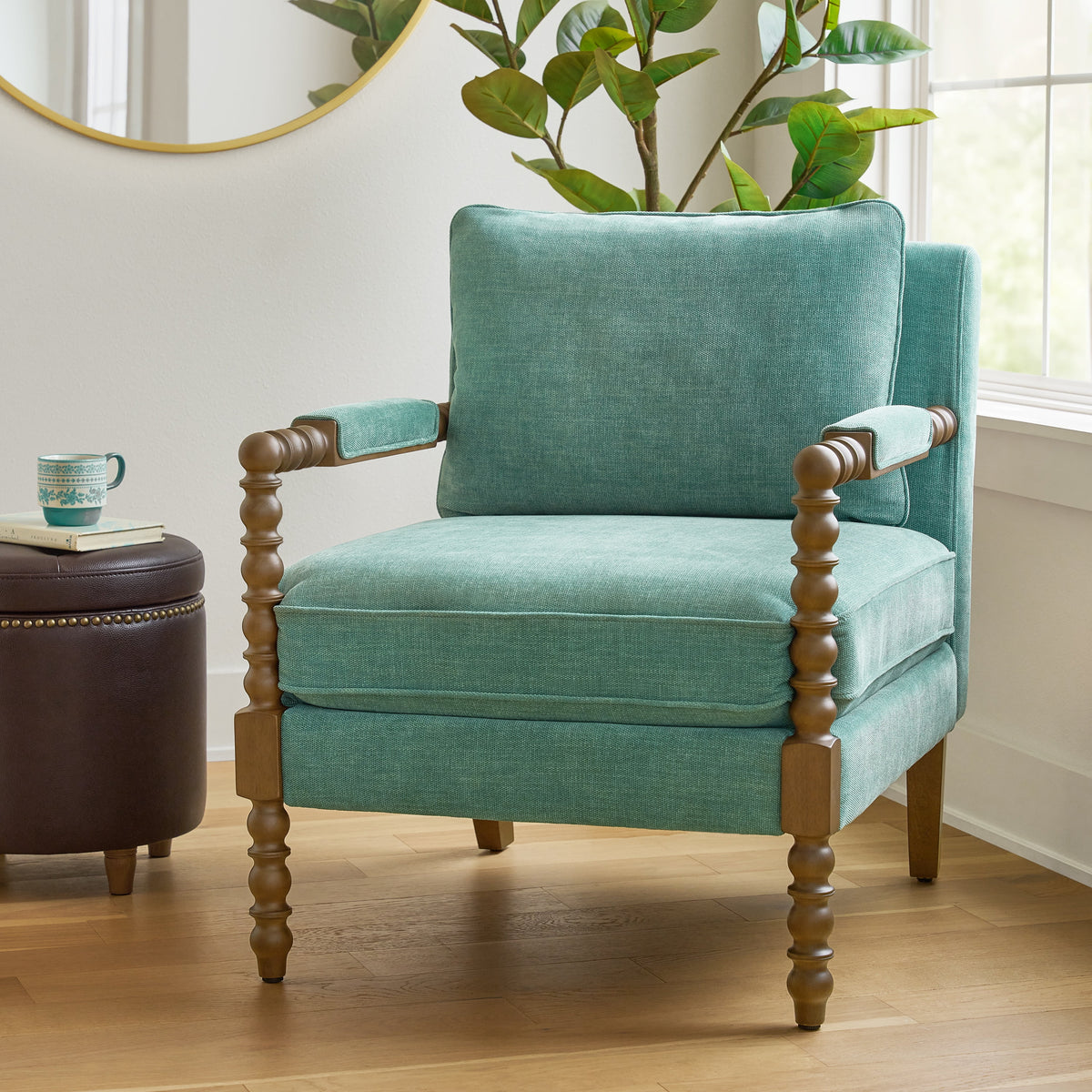 Piooner Decor Harper Spindle Accent Chair, Antique White Fabric Upholstery