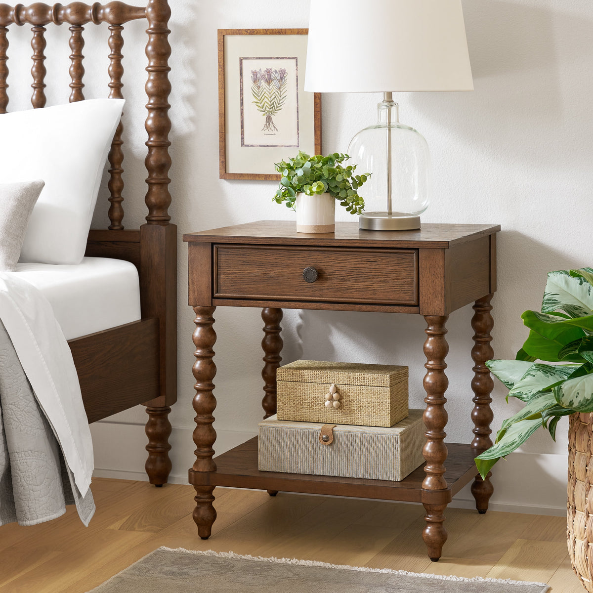 Piooner Decor Harper Spindle Nightstand with USB Charging Ports, Adults and Teens, White Finish