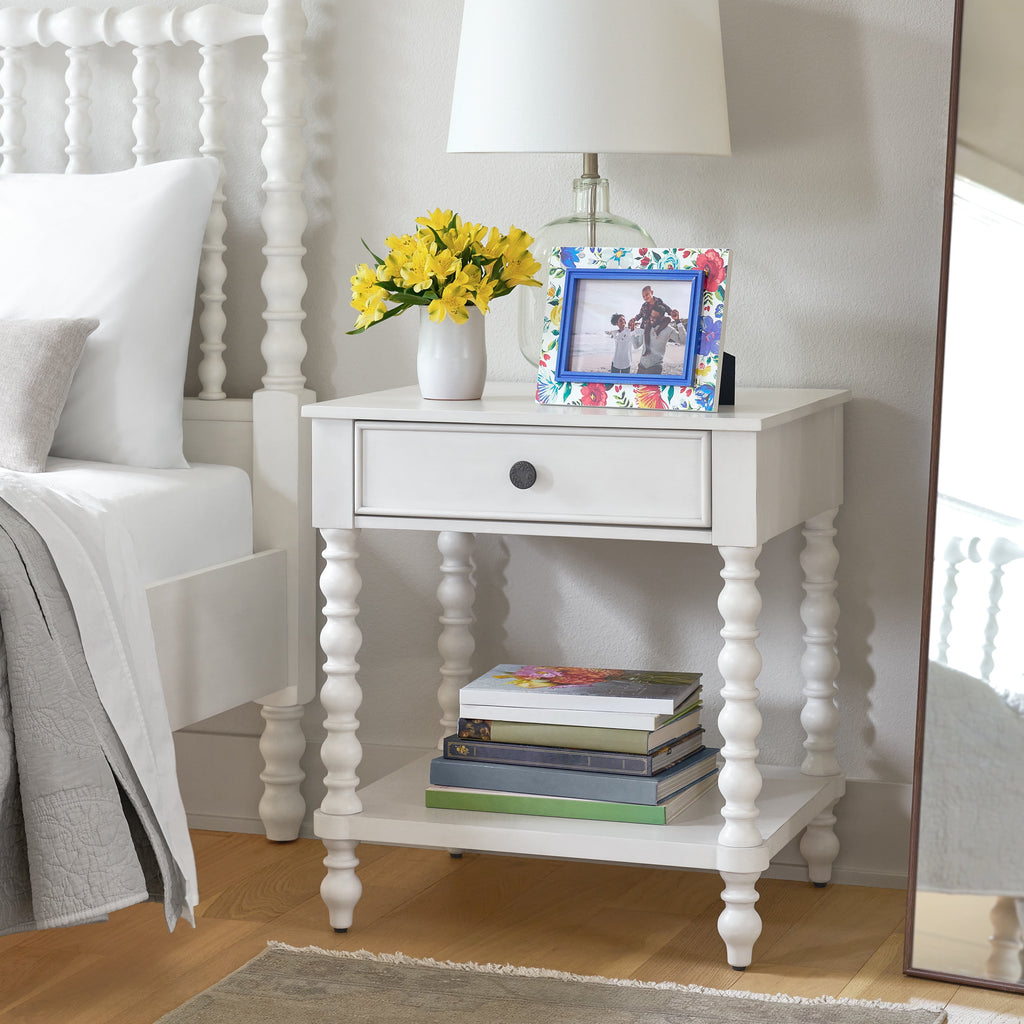 Harper Spindle Nightstand with USB Charging Ports, Adults and Teens, White Finish