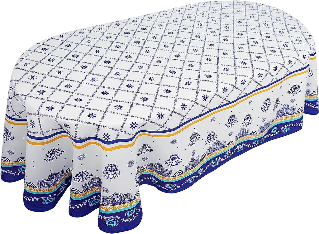 Polish Pottery Style Tablecloth, Blue Ceramic Table Cloth, Farmhouse Tablecover for Oval Tables 60 x 84