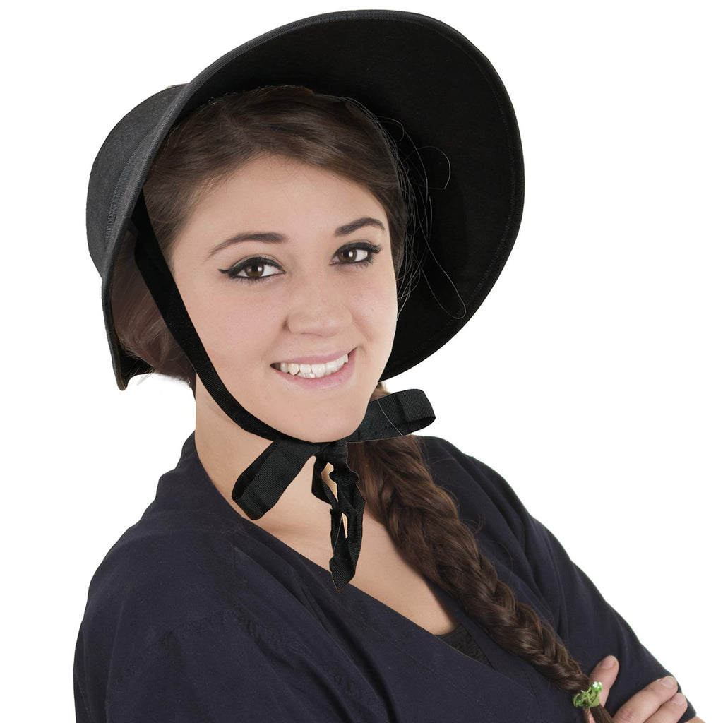 Vintage Old Fashioned Bonnet - Black Colonial Pioneer Prairie Felt Sun Hat Bonnets for Women