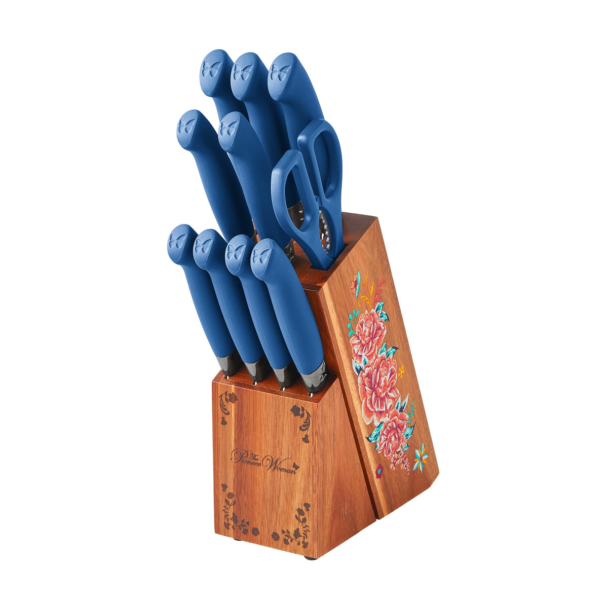 Piooner Decor Sweet Rose 11-Piece Stainless Steel Knife Block Set, Red