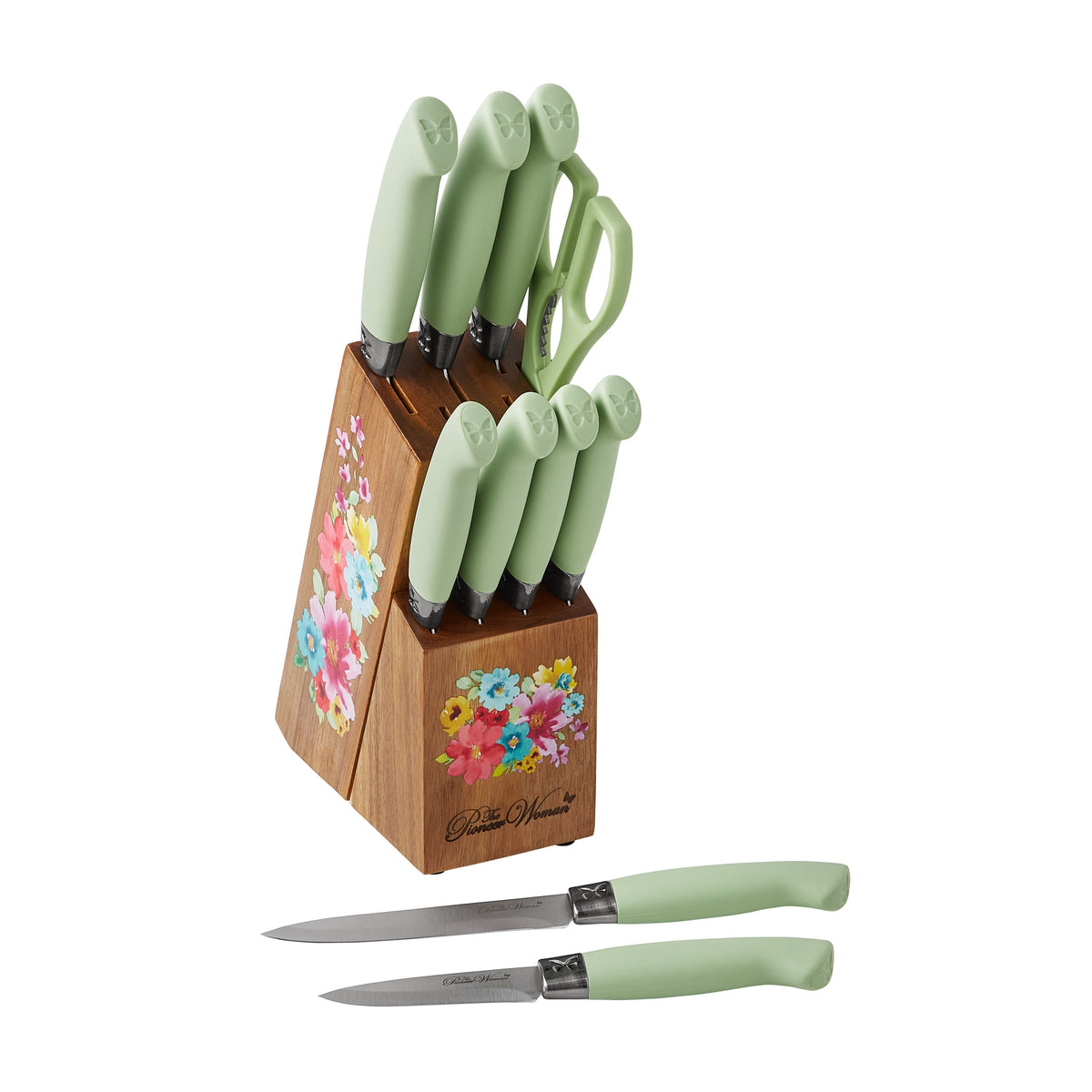 Piooner Decor Sweet Rose 11-Piece Stainless Steel Knife Block Set, Red