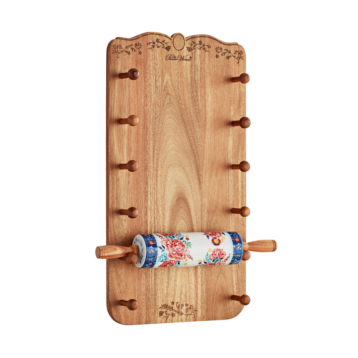 Keepsake Floral 17.7" Ceramic Rolling Pin with Acacia Wood Holder