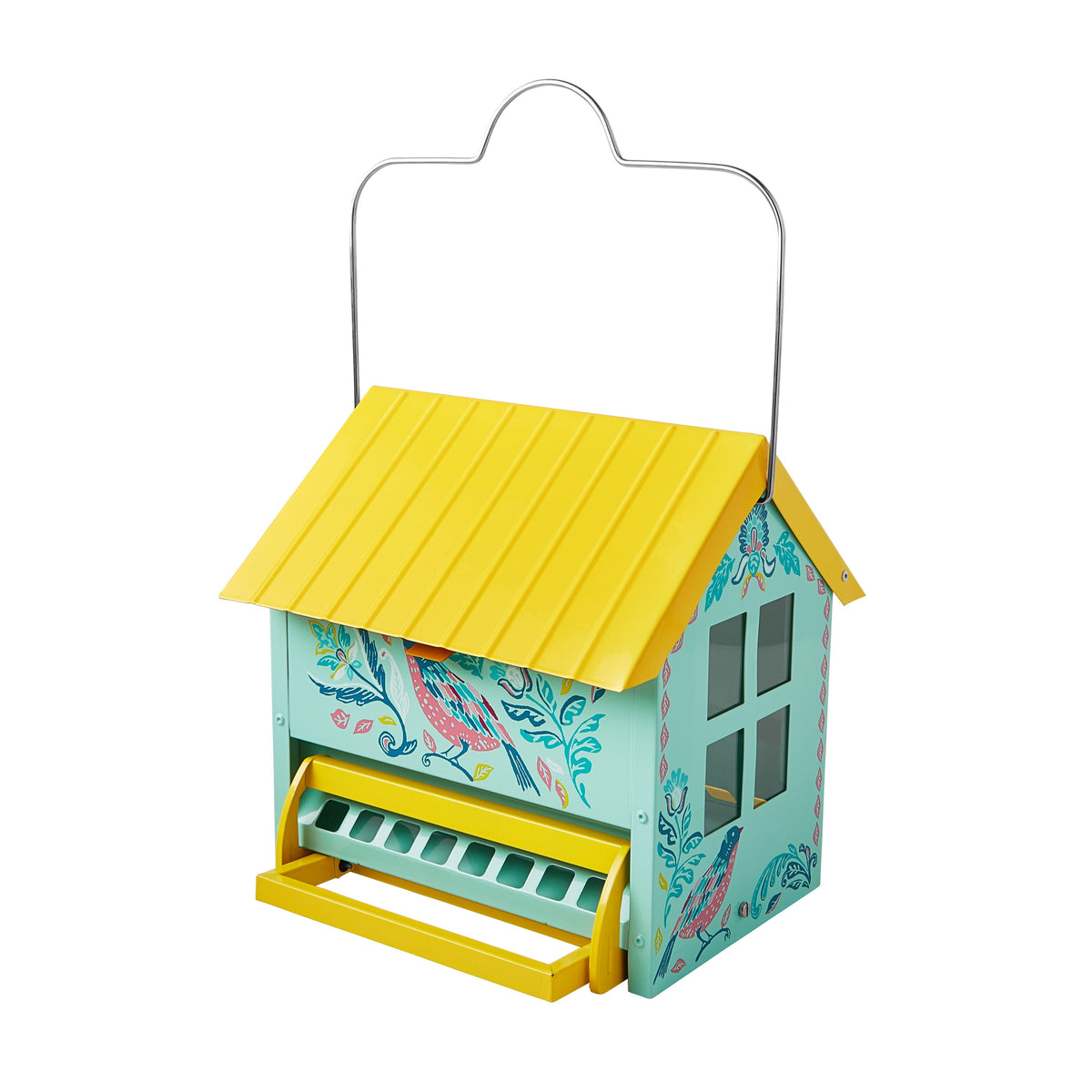 Bird Ogee Metal Squirrel Proof Hopper Bird Feeder 5.5QT, Teal Yellow