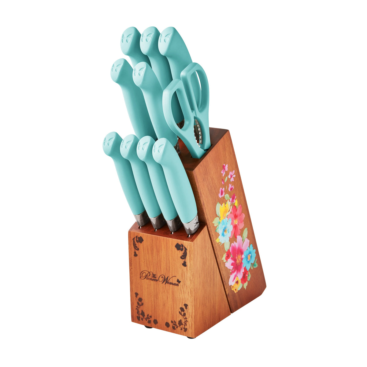 Piooner Decor Sweet Rose 11-Piece Stainless Steel Knife Block Set, Red
