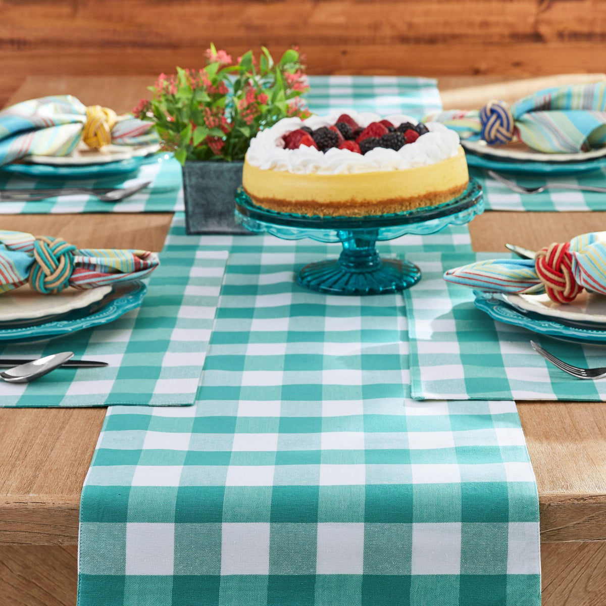 Charming Check Placemat, Table Runner, Napkin, and Napkin Ring Set, 13 Piece, Teal
