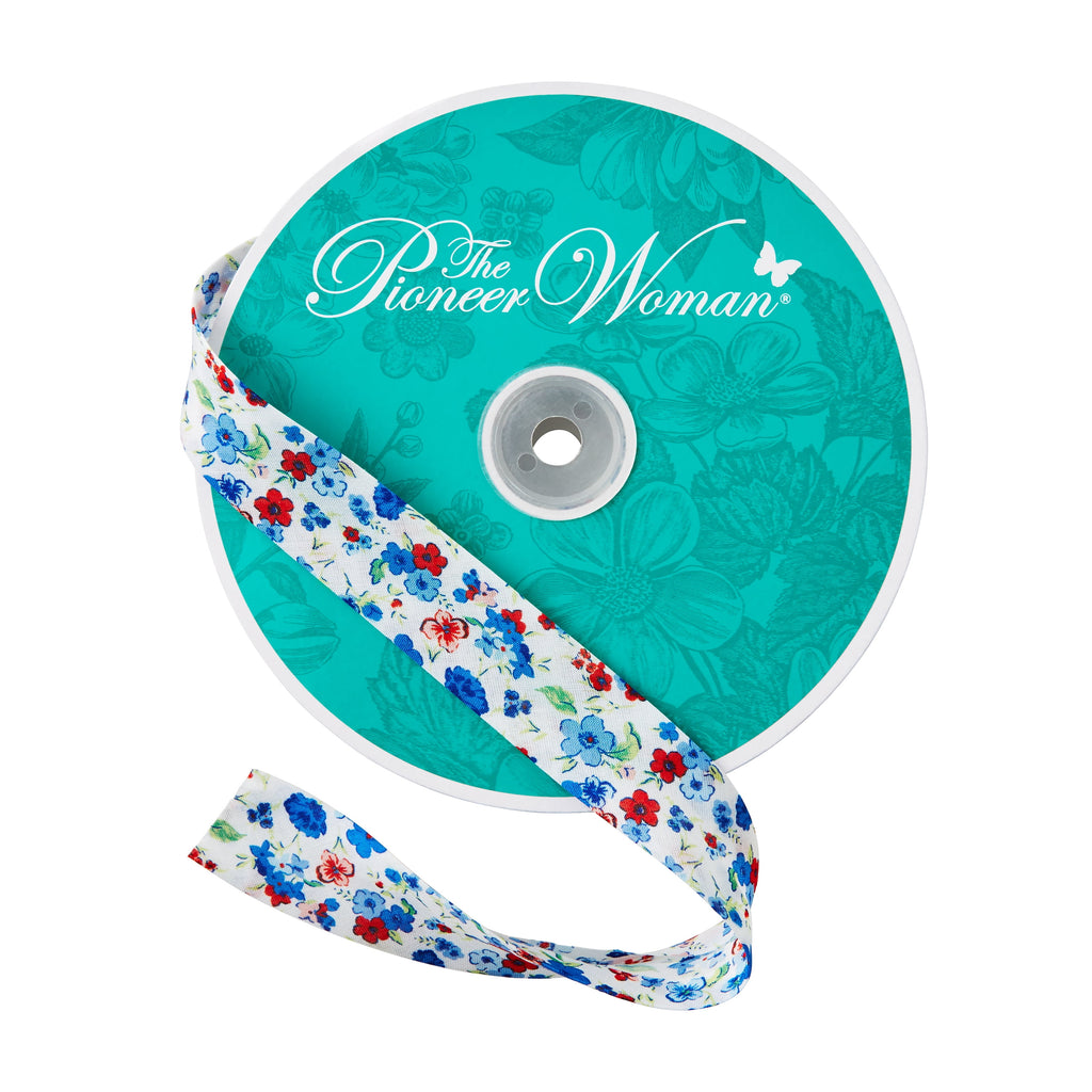 Piooner Decor Vintage Floral White Double Fold Cotton Bias Tape Ribbon, 7/8" x 25 Yards