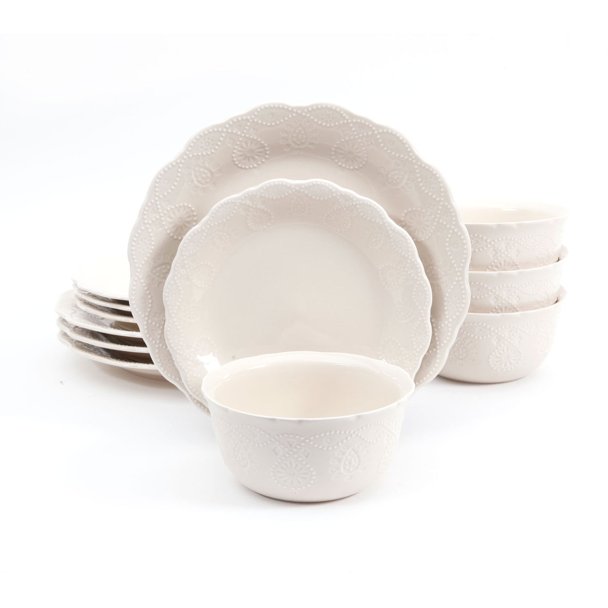 Piooner Decor Cowgirl Lace 12-Piece Dinnerware Set, Red