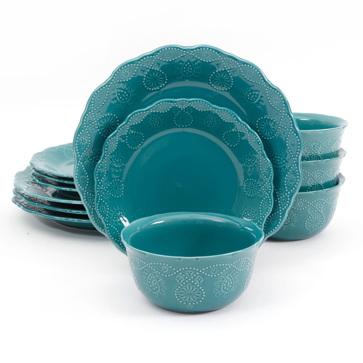 Piooner Decor Cowgirl Lace 12-Piece Dinnerware Set, Red