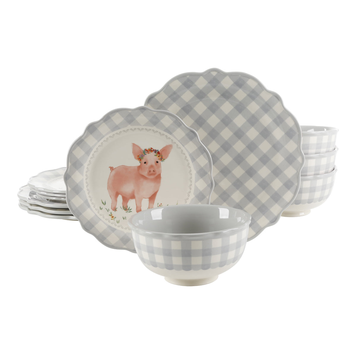Gingham 12-Piece Ceramic Dinnerware Set, Gray