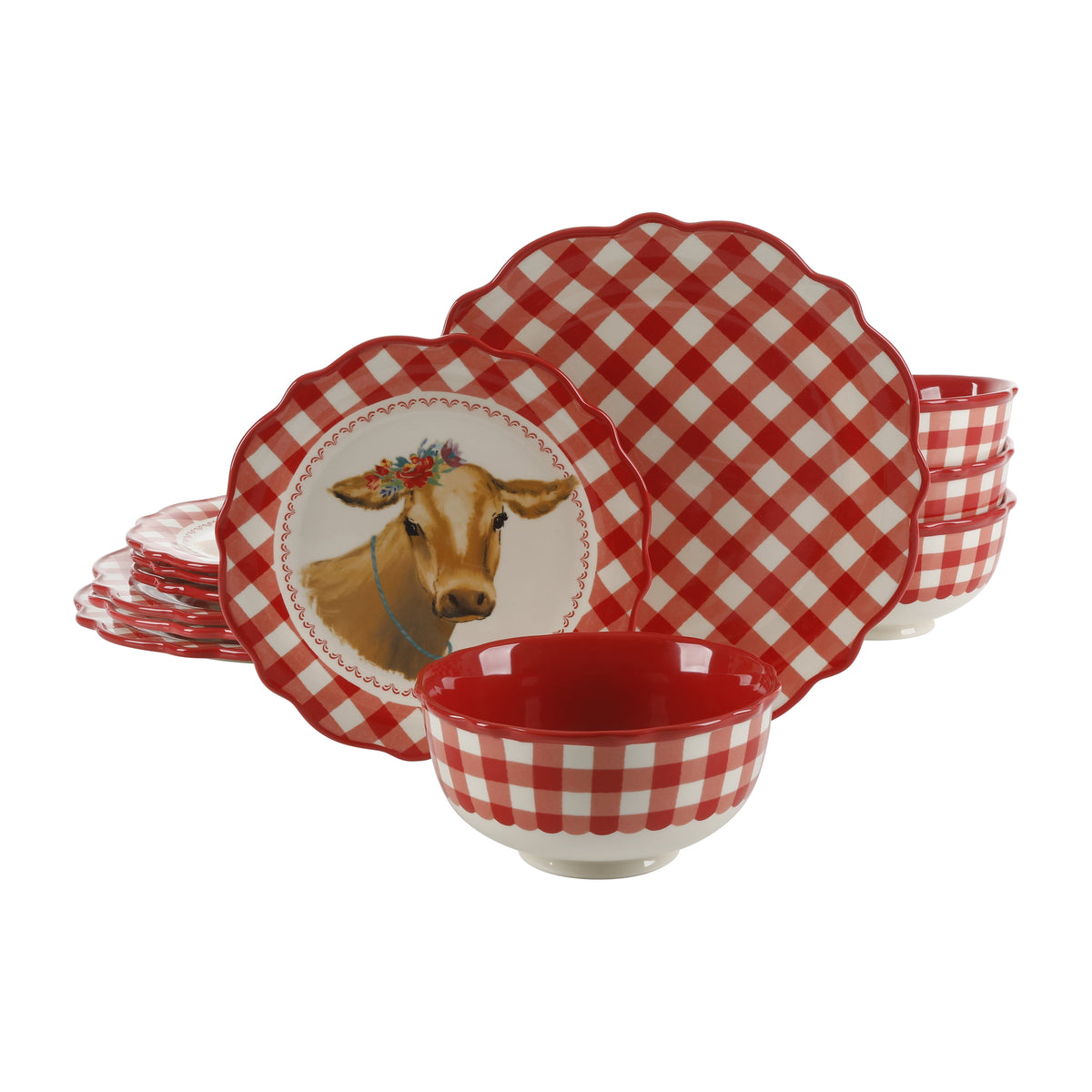 Piooner Decor Gingham 12-Piece Ceramic Dinnerware Set, Gray